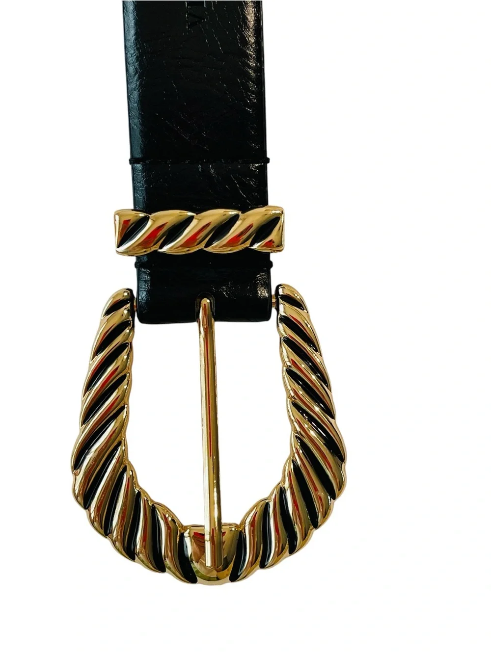 Black Leather Belt with Twisted Gold Buckle